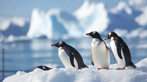 Four penguins stand on an ice floe in Antarctica, looking out at the blue ocean and distant icebergs.