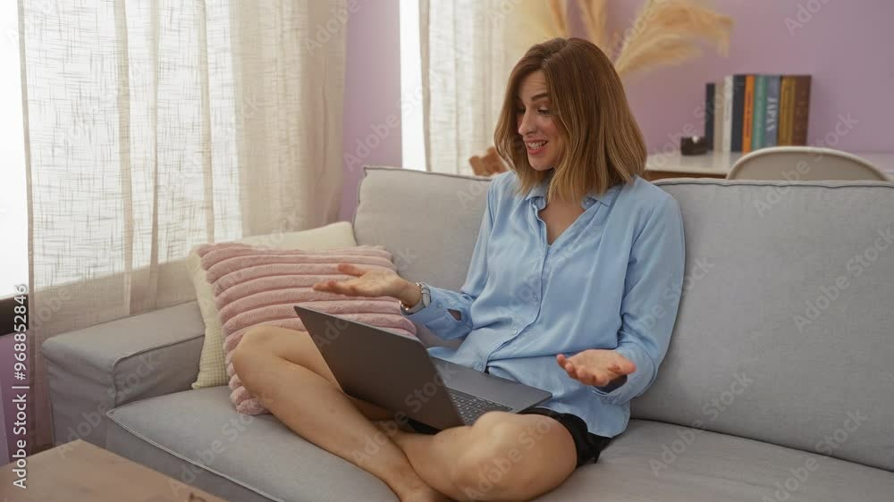 Young, blonde, woman, in, blue, shirt, video calling, on, laptop, at, home Young, blonde, woman, in, blue, shirt, video calling, on, laptop, at, home