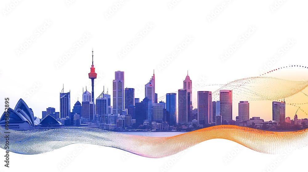 Fototapeta premium Sydney Skyline with Abstract Waves and Dots