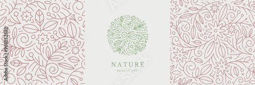 Vector set for package and branding. Leaf floral circle logo, nature line plant emblem. Organic seamless patterns with swirls, flowers and leaves, minimal garden collection
