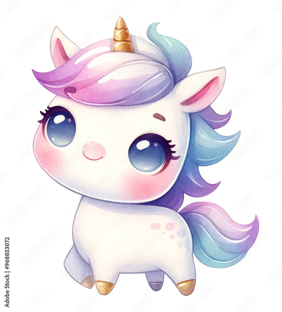 Naklejka premium Cute and colorful cartoon unicorn with big eyes and pastel mane, perfect for children's illustrations and fantasy themes.