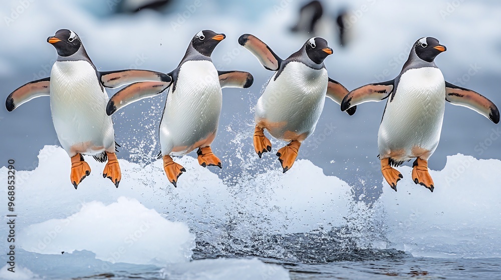 Fototapeta premium Four penguins jumping off an iceberg into the icy water with their wings spread wide.