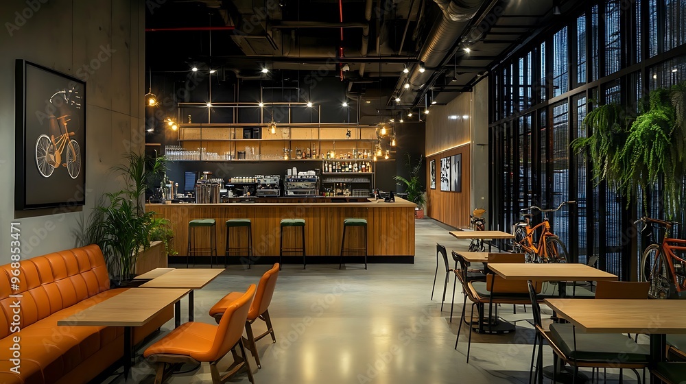 Fototapeta premium Elegant modern restaurant featuring a large space, bar counter, seating area, wooden furniture with green color accents, and warm lighting