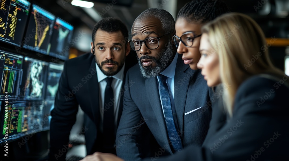 Diverse Business Team Expressing Concern While Analyzing Stock Market Data on Computer Monitors Diverse Business Team Expressing Concern While Analyzing Stock Market Data on Computer Monitors