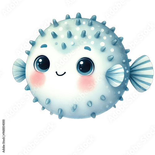 Cute cartoon pufferfish with big eyes and a smiling face, perfect for children's illustrations and ocean-themed designs. photo