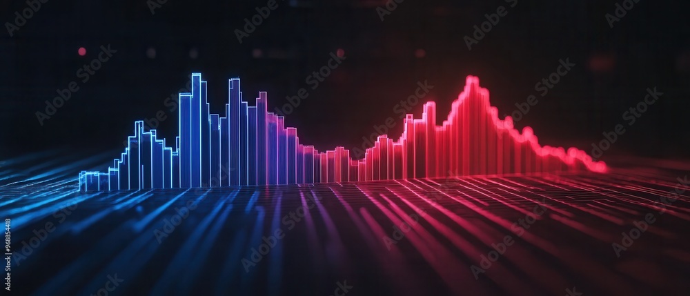 Dynamic audio wave graph in blue and red colors, representing sound frequency and amplitude in a modern digital style. Dynamic audio wave graph in blue and red colors, representing sound frequency and amplitude in a modern digital style.