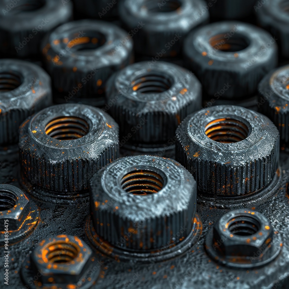 Close-up of metallic nuts, showcasing detailed textures and rust. Ideal for industrial or engineering themed projects. Close-up of metallic nuts, showcasing detailed textures and rust. Ideal for industrial or engineering themed projects.