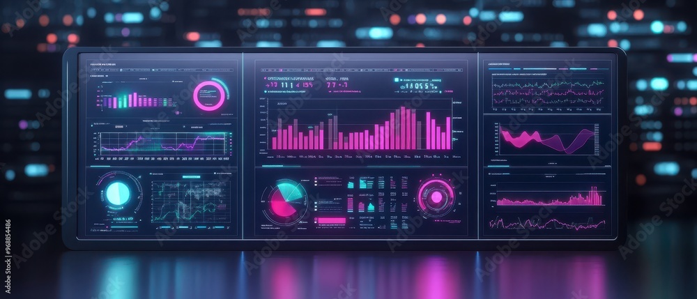 Futuristic data analytics dashboard with vibrant colors, graphs, and charts showcasing technology and innovation. Futuristic data analytics dashboard with vibrant colors, graphs, and charts showcasing technology and innovation.