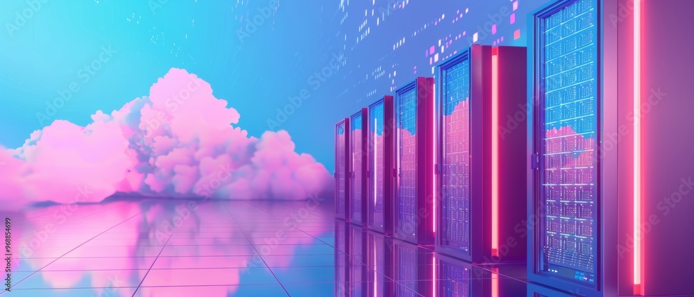Obraz premium A futuristic server room bathed in soft blue and pink lighting, with sleek servers and digital data points, capturing a high-tech, modern ambiance.