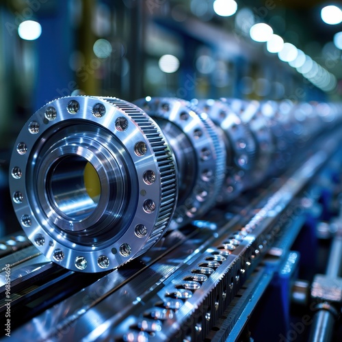 Close-up of precision machine parts on a production line, highlighting modern technology and engineering expertise. photo