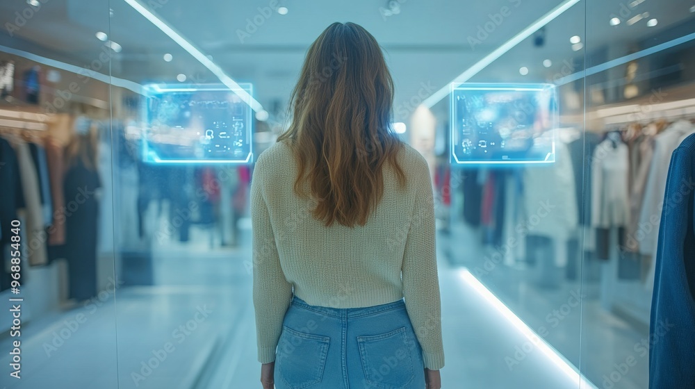 AI-Powered Smart Retail Mirrors for Virtual Fitting: Retail shoppers using AI-driven mirrors to try on clothes virtually, with real-time size recommendations. AI-Powered Smart Retail Mirrors for Virtual Fitting: Retail shoppers using AI-driven mirrors to try on clothes virtually, with real-time size recommendations.