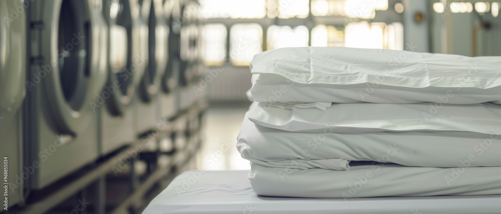 Freshly laundered white linens neatly folded on a table, set against the backdrop of an industrial laundry room. Freshly laundered white linens neatly folded on a table, set against the backdrop of an industrial laundry room.