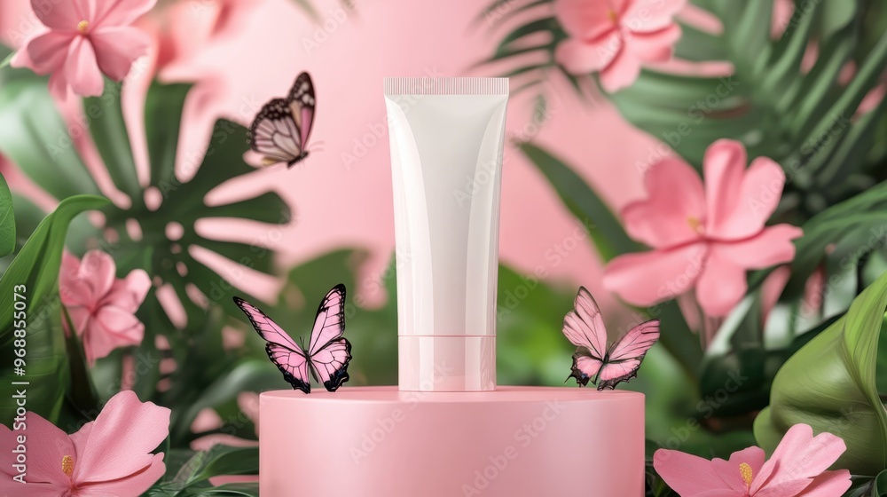 White blank cosmetic tube on pink podium with colorful butterflys on pink flowers and green plant in jungle background