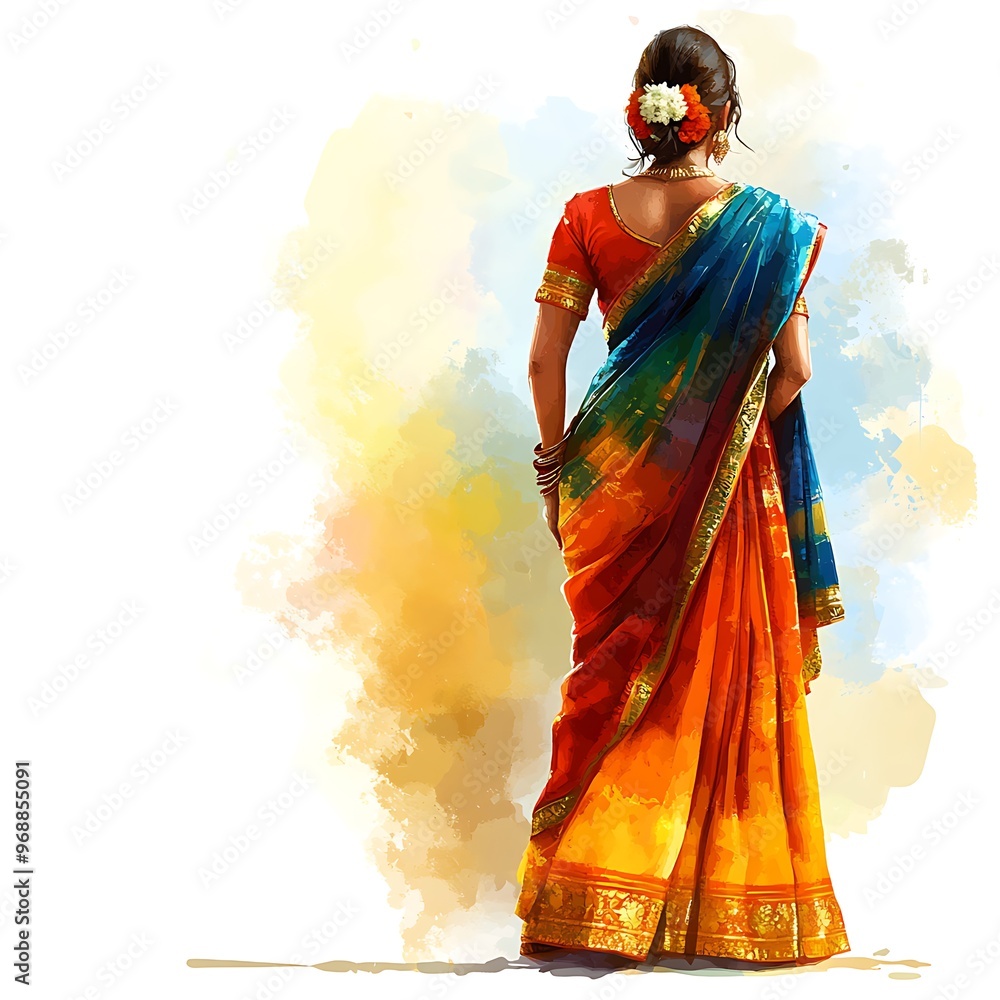 Fototapeta premium Indian Woman in Sari with Flowers in Her Hair, Watercolor Illustration.