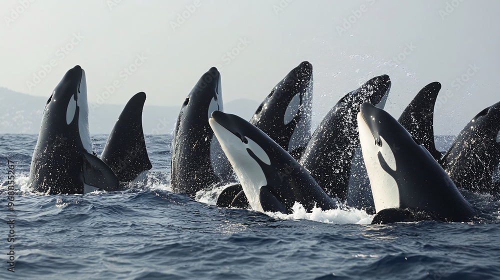 Fototapeta premium A pod of orcas breach the surface of the ocean, their black and white bodies glistening in the sunlight.