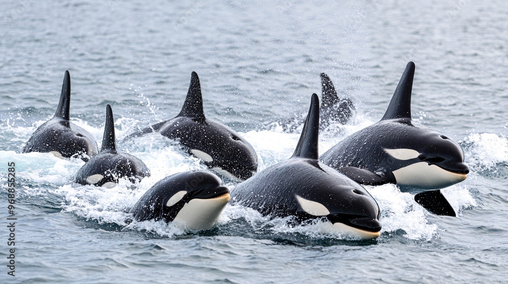 Fototapeta premium A pod of six orcas, also known as killer whales, swim together in the ocean. The orcas are black and white with distinctive dorsal fins.