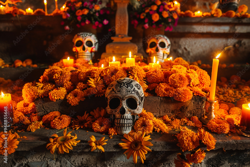 Beautiful greeting card with bright holiday composition for happy to joy celebrate dia de muertos Beautiful greeting card with bright holiday composition for happy to joy celebrate dia de muertos