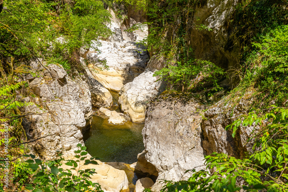 Horma Canyon, Kure Mountains National Park, Kastamonu, Turkey. Wooden walking path.