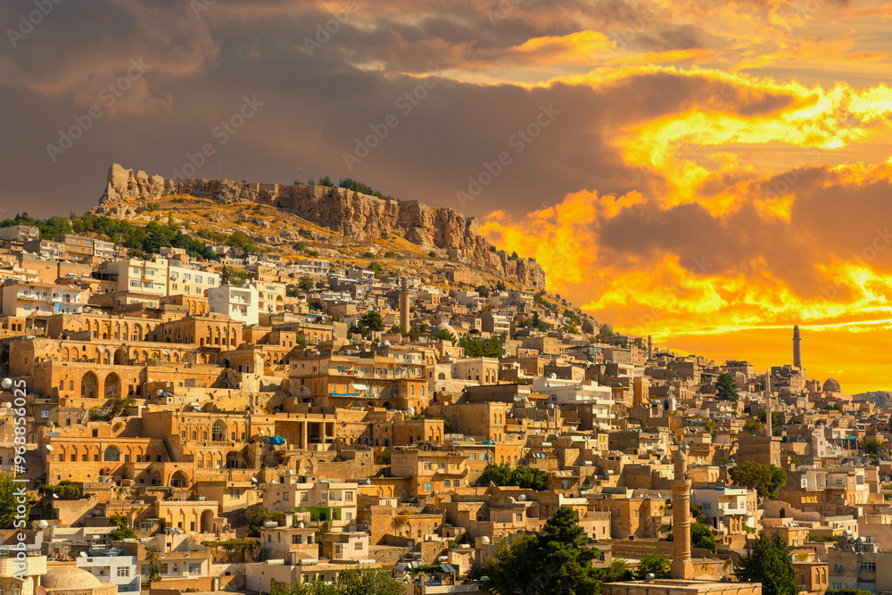 Ancient and stone houses of Old Mardin (Eski Mardin) with Mardin Castle, Located South Eastern of Turkey