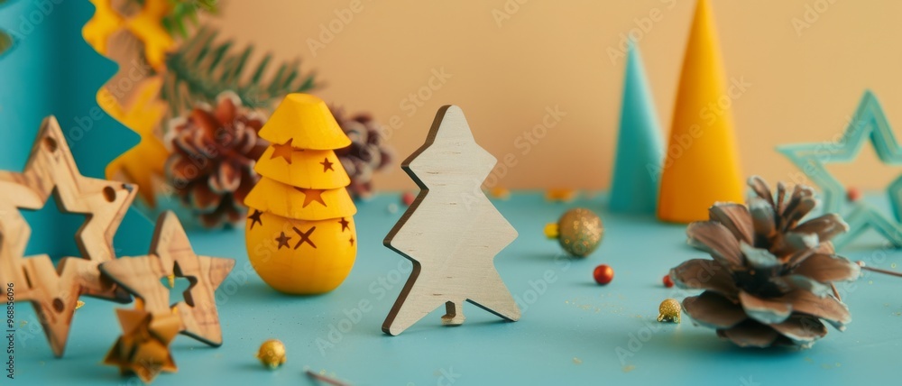 Naklejka premium A colorful arrangement of Christmas decor featuring pine cones, stars, and festive trees, set against a bright blue background creating a cheerful holiday scene.