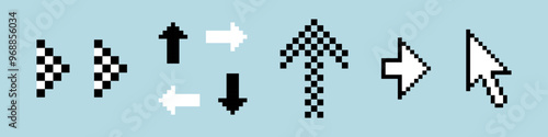 Set of y2k pixel arrows. Game abstract elements. Pixels design elements in the mood of 90's aesthetics. Trendy pointing stickers. 8 bit retro style vector illustration. Simple geometric arrow shape