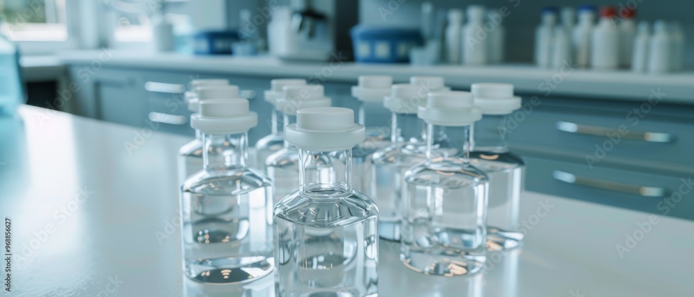 A collection of clear glass vials filled with liquid, neatly arranged on a clean laboratory counter, hinting at scientific research and precision. A collection of clear glass vials filled with liquid, neatly arranged on a clean laboratory counter, hinting at scientific research and precision.