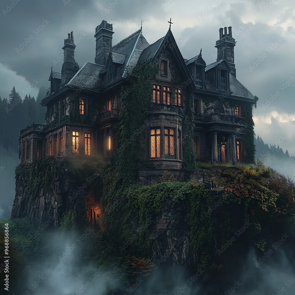 Fotografie Haunted mansion on a hill with broken windows