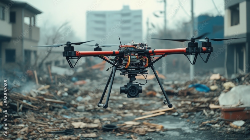 AI-enhanced disaster recovery drones scanning damaged areas for survivors: Drones equipped with AI identifying and assisting survivors in areas affected by disasters. AI-enhanced disaster recovery drones scanning damaged areas for survivors: Drones equipped with AI identifying and assisting survivors in areas affected by disasters.