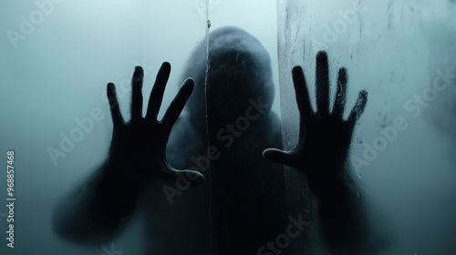 A haunting silhouette of a person pressing their hands against misted glass, creating an eerie and mysterious atmosphere.