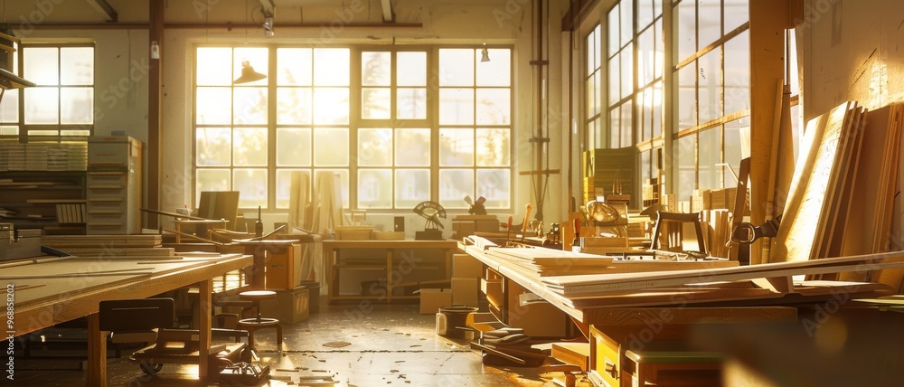 Fototapeta premium Golden sunlight filters through large windows, illuminating a spacious, airy workshop filled with woodworking materials and tools.