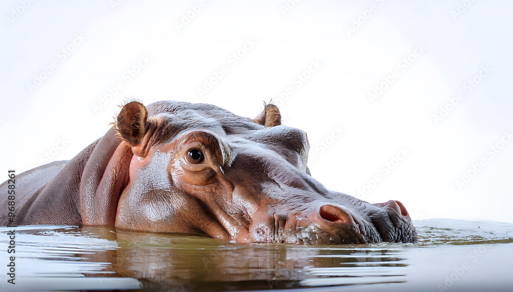 Fototapeta premium Hippo isolated lurking out of water close on white background.