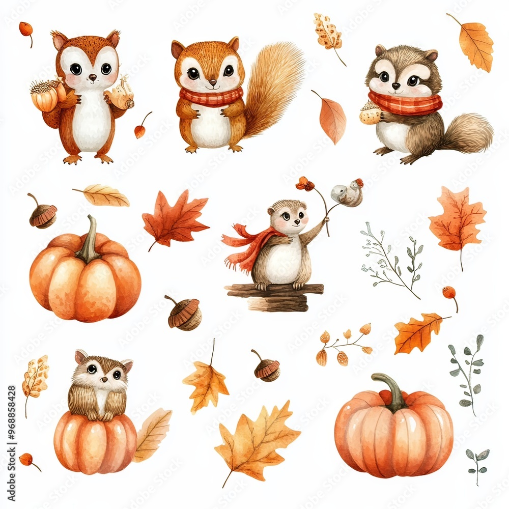 Fototapeta premium Isolated on white background clip art whimsical watercolor autumn leaves, acorns, and pumpkins