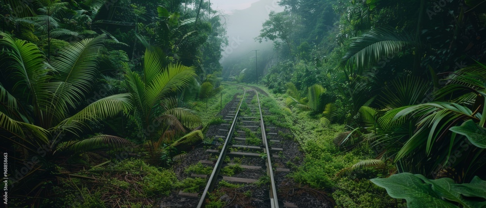 This image captures an overgrown railway track winding through a lush, misty forest, evoking a sense of mystery and untouched nature. This image captures an overgrown railway track winding through a lush, misty forest, evoking a sense of mystery and untouched nature.