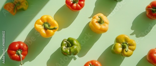 Colorful bell peppers cast shadows on a light green background, creating a vibrant, playful arrangement that highlights the freshness of the vegetables.