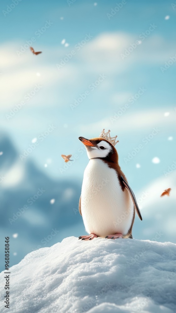 A penguin with a sparkling crown standing on a snowy peak. A penguin with a sparkling crown standing on a snowy peak.