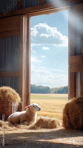 A sheep munching on fresh hay in a warm, sunny barn with light streaming through the windows. photo