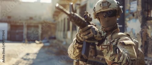 A soldier in camouflage gear holding a rifle in a dilapidated urban environment, conveying readiness and focus in a high-stakes situation.