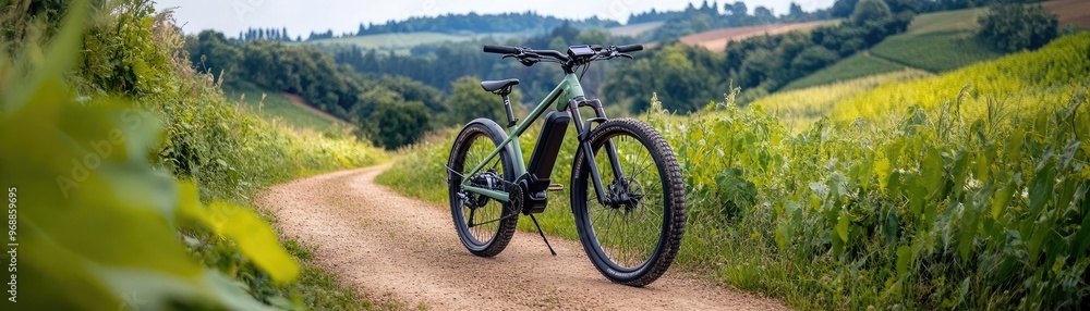 Electric bike on a rural path, with a battery charged by solar panels, promoting sustainability and accessible transport in remote areas Electric bike on a rural path, with a battery charged by solar panels, promoting sustainability and accessible transport in remote areas