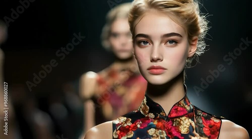 Blonde Slavic models in elegant dresses influenced by contemporary Asian fashion stroll down the catwalk, set against the backdrop of a fashion show.