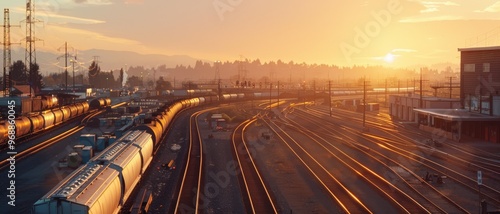 A bustling train yard during sunset with glowing tracks creating a vivid contrast against the golden sky, evoking a sense of motion and industry.