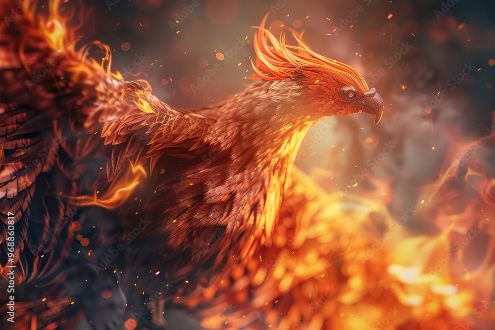 Fototapeta premium Fantastically beautiful mythological bird phoenix from hot fire