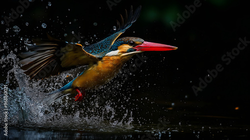 Stork-billed Kingfisher flying over water photo