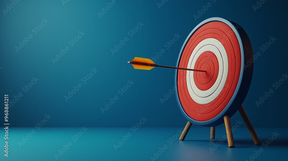 Arrow aim to business target goal hit success center accuracy competition, setting goals correctly concept, target achievement concept, Symbolic goals achievement, success. Blue background. Arrow aim to business target goal hit success center accuracy competition, setting goals correctly concept, target achievement concept, Symbolic goals achievement, success. Blue background.