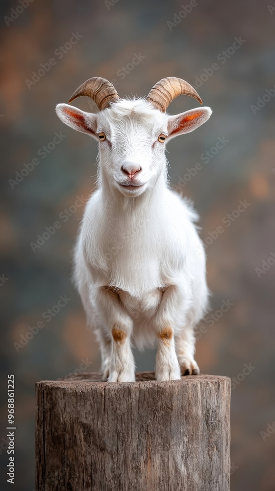 Fototapeta premium Carefully lit studio shot of a goat, soft lighting highlighting fur textures and horns, set against a clean, minimalistic backdrop.