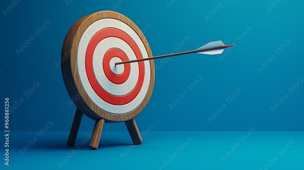 Arrow aim to business target goal hit success center accuracy competition, setting goals correctly concept, target achievement concept, Symbolic goals achievement, success. Blue background. Arrow aim to business target goal hit success center accuracy competition, setting goals correctly concept, target achievement concept, Symbolic goals achievement, success. Blue background.