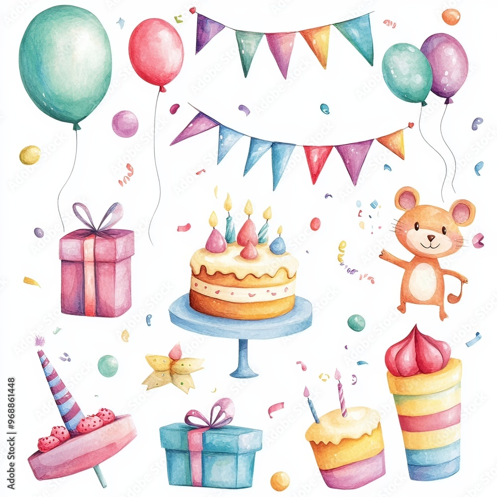 Isolated on white background clip art whimsical watercolor birthday party elements Isolated on white background clip art whimsical watercolor birthday party elements