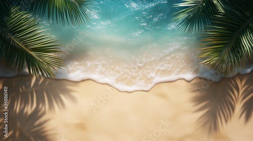 Wallpaper Mural Summer vacation and travel background. Sand of tropical beach, tropical blue sea and palm leaves. Torontodigital.ca