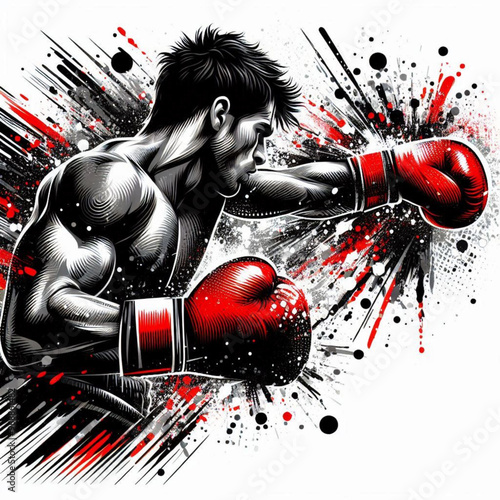 Powerful boxer in action with explosive dynamic art splashes

