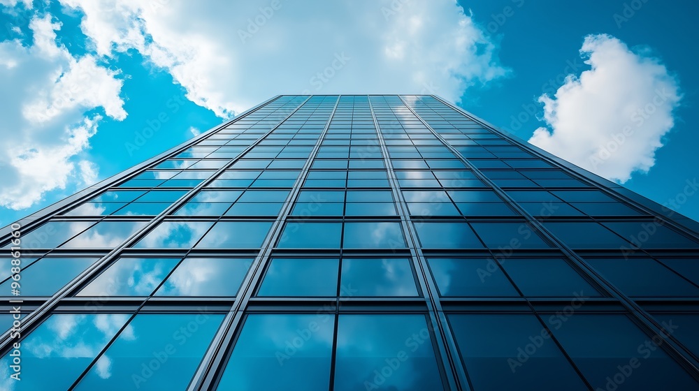 Glass buildings with cloudy blue sky background. Fragment of a modern office building in the capital. Modern office building. Business and finance concept. Glass buildings with cloudy blue sky background. Fragment of a modern office building in the capital. Modern office building. Business and finance concept.
