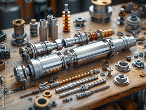 Detailed shot of mechanical components and tools arranged neatly on a workshop table, showcasing precision engineering and craftsmanship. photo